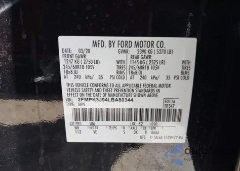 2020 Ford Edge Sel from USA, damaged, VIN 2FMPK3J94LBA80344